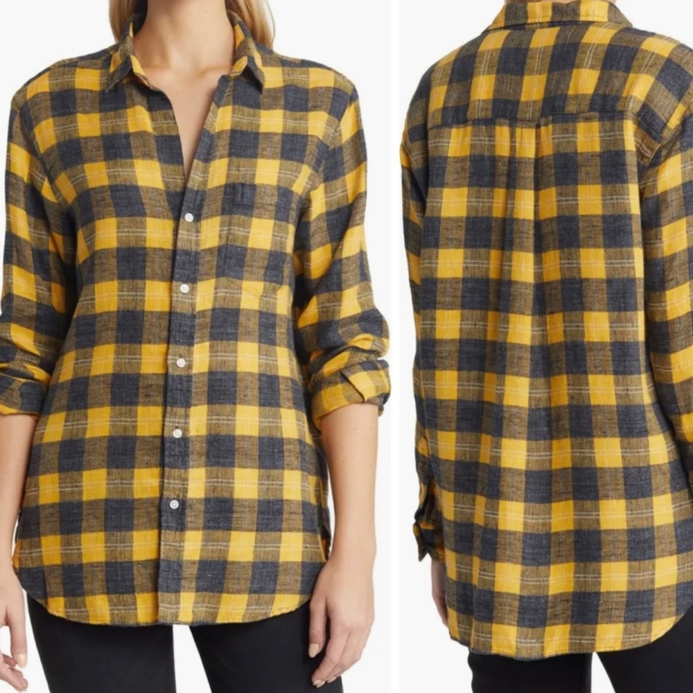 EUC Frank & Eileen Joedy Linen Button Up Grey/Yellow‎ Plaid Size XS